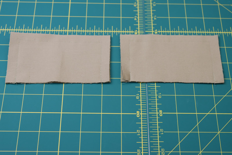 How To Sew Around 3 Sides Of Pocket Flaps - Stretch Khaki Twill - Mood Fabrics - Lucca Tailored Barrel Leg Pants Free Sewing Pattern Tutorial - MDF524 - Mood Fabrics Sewciety Blog - Sew around 3 sides of the pocket flaps.