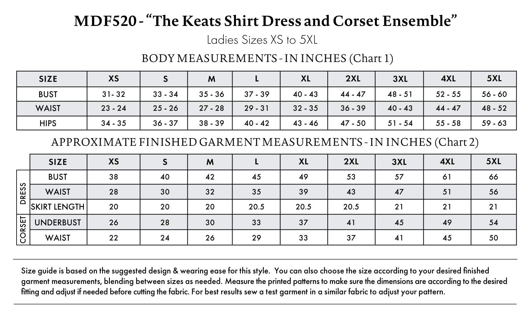 Keats Shirt Dress and Corset Ensemble Free Sewing Pattern - Size Charts - Mood Fabrics Sewciety Blog - Free Sewing Pattern MDF520