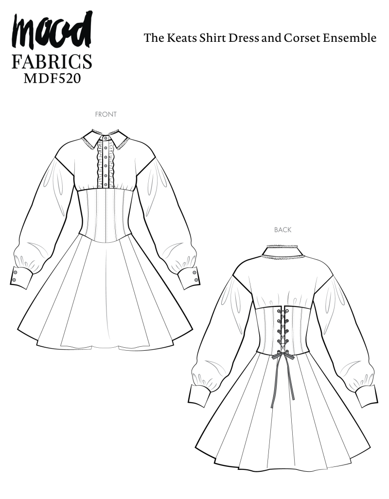Keats Shirt Dress and Corset Ensemble Free Sewing Pattern - Technical Drawings - Mood Fabrics Sewciety Blog - Free Sewing Pattern MDF520