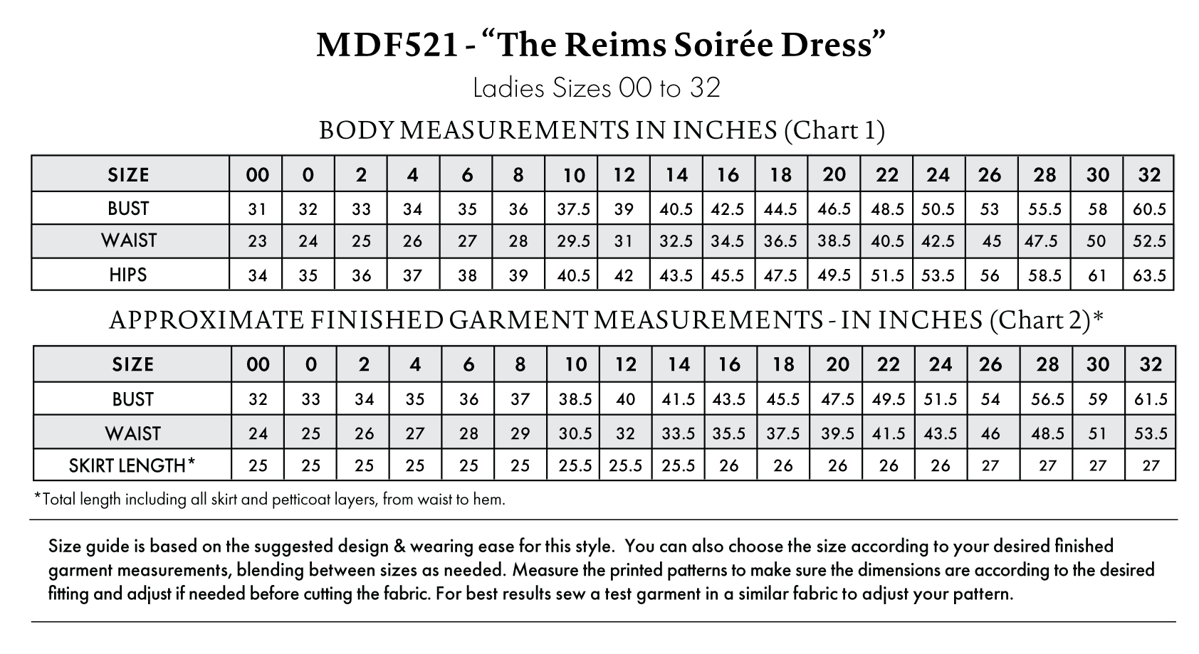 Reims Soirée Dress Free Sewing Pattern - Size Charts - Mood Fabrics Sewciety Blog - Free Sewing Pattern MDF521