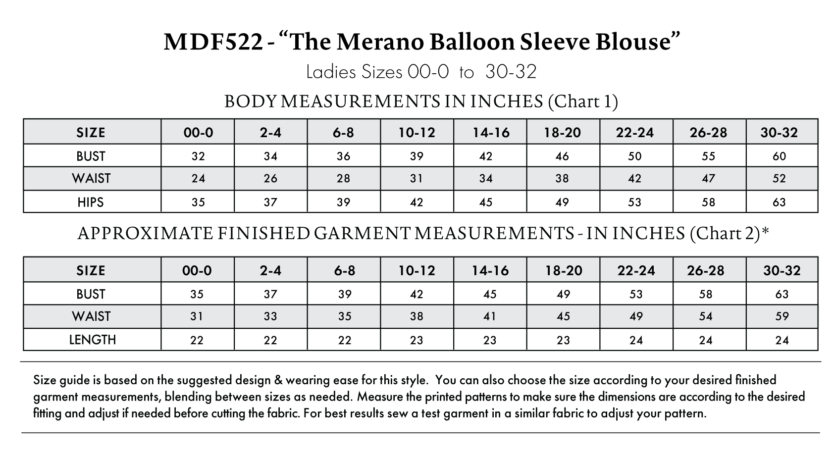 Merano Balloon Sleeve Blouse Free Sewing Pattern - Size Charts - Mood Fabrics Sewciety Blog - Free Sewing Pattern MDF522