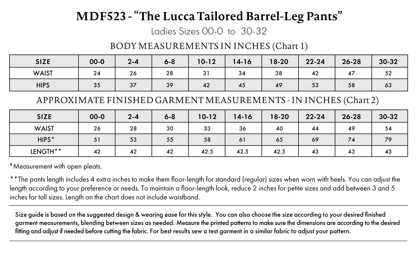 Lucca Tailored Barrel-Leg Pants Free Sewing Pattern - Size Charts - Mood Fabrics Sewciety Blog - Free Sewing Pattern MDF523
