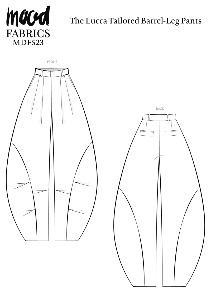 Lucca Tailored Barrel-Leg Pants Free Sewing Pattern - Technical Drawings - Mood Fabrics Sewciety Blog - Free Sewing Pattern MDF523