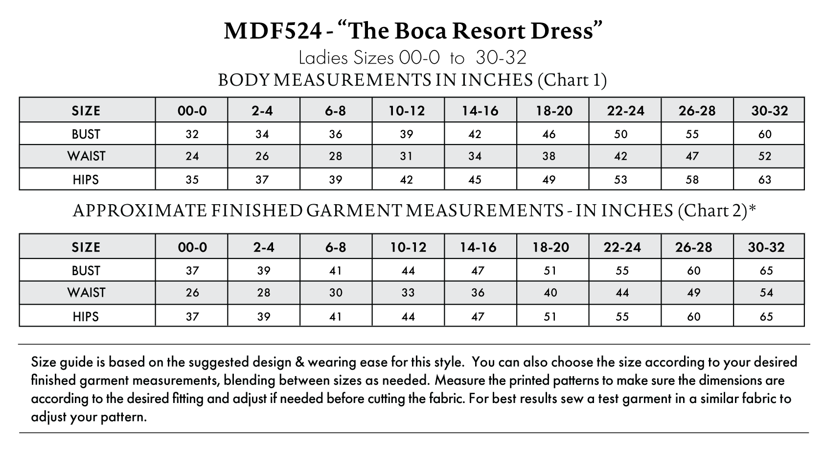 Boca Resort Dress Free Sewing Pattern - Size Charts - Mood Fabrics Sewciety Blog - Free Sewing Pattern MDF524