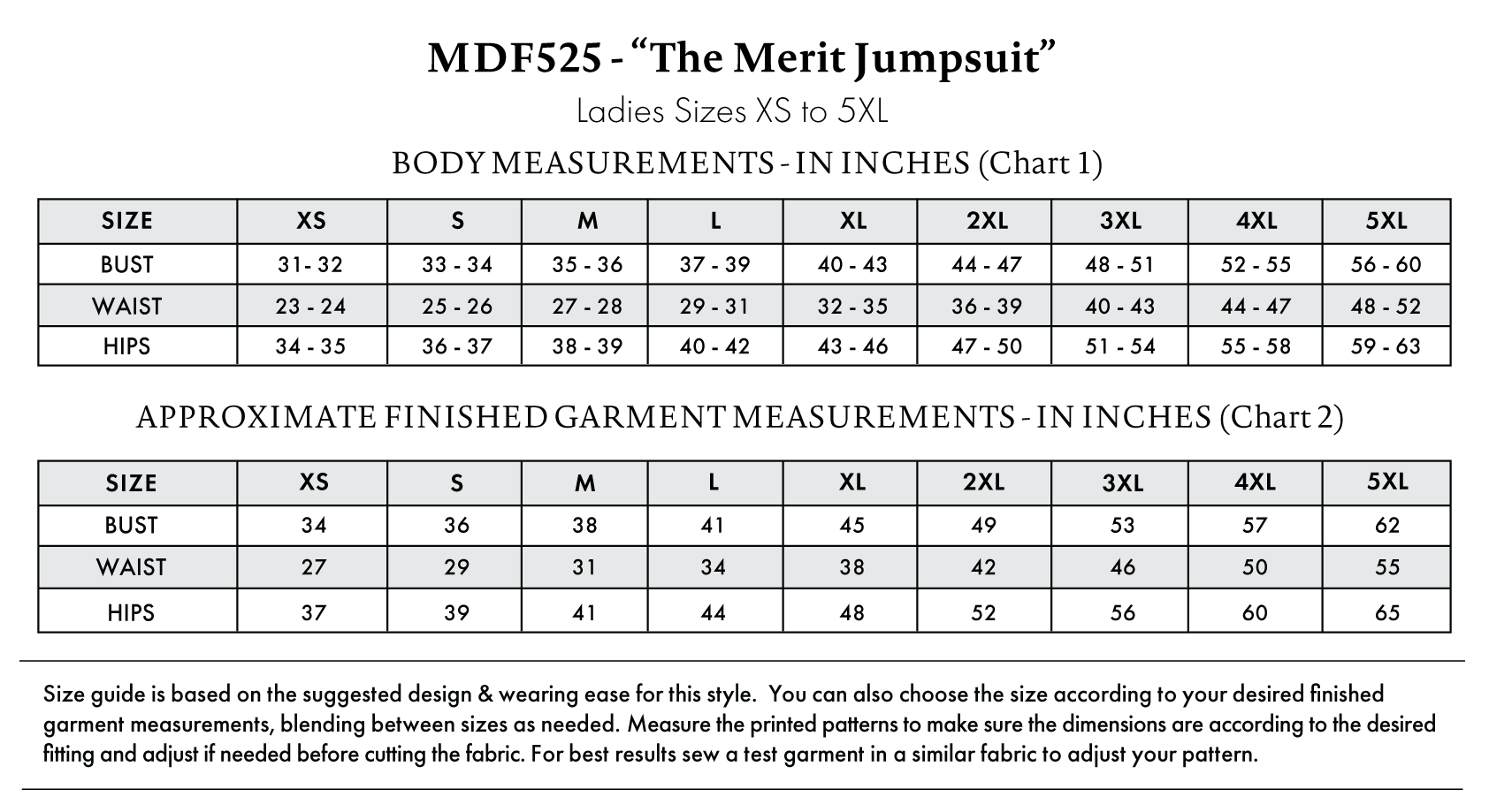 The Merit Jumpsuit Free Sewing Pattern - Size Charts - Mood Fabrics Sewciety Blog - Free Sewing Pattern MDF525