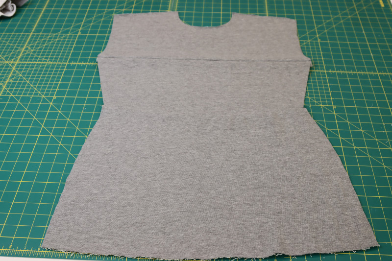 How To Pin Sew Front Pieces - Heather Gray French Terry - Mood Fabrics - Reef Sleeveless Cover Up Free Sewing Pattern Tutorial - MDF535 - Mood Fabrics Sewciety Blog - Pin and sew the front pieces.