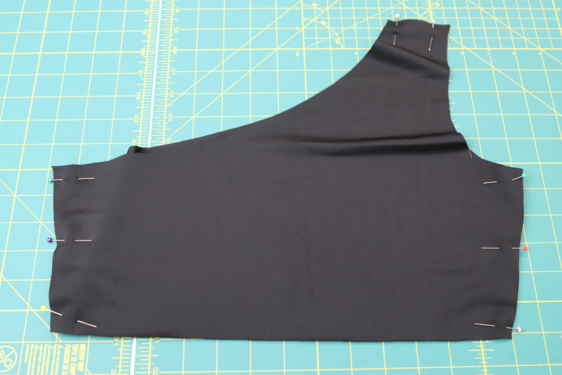 How To Pin Sew Side And Shoulder Seams Of Bikini Top - Recycled Swimwear Tricot - Mood Fabrics - Antikythera One Shoulder Bikini Free Sewing Pattern Tutorial - MDF531 - Mood Fabrics Sewciety Blog - Pin the side and shoulder seams of the bikini top.