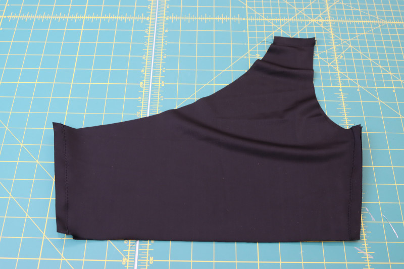 How To Sew Side And Shoulder Seams Of Bikini Top - Recycled Swimwear Tricot - Mood Fabrics - Antikythera One Shoulder Bikini Free Sewing Pattern Tutorial - MDF531 - Mood Fabrics Sewciety Blog - Sew the side and shoulder seams of the bikini top.