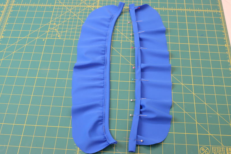 How To Sew Ruffles To Straps - Gutermann Sew All Thread - Mood Fabrics - Azure Tankini Skirt Set Free Sewing Pattern Tutorial - MDF533 - Mood Fabrics Sewciety Blog - Sew the ruffles to the straps.
