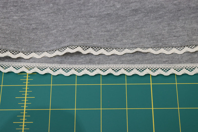 How To Sew Lace Trim To Hem Of Skirt With ⅛ Inch Seam Allowance - Scalloped Lace Trim - Mood Fabrics - Reef Sleeveless Cover Up Free Sewing Pattern Tutorial - MDF535 - Mood Fabrics Sewciety Blog - Sew the lace trim to the hem of the skirt with ⅛ inch seam allowance.