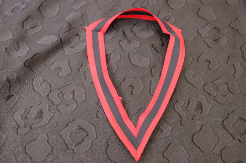 How To Sew Back Neckline Front Neckline Trim - Red Quilting Cotton - Mood Fabrics - Matrix Shawl Collar Ensemble Free Sewing Pattern Tutorial - MDF543 - Mood Fabrics Sewciety Blog - Sew the ends of the back neckline trim to the ends of the front neckline trim.