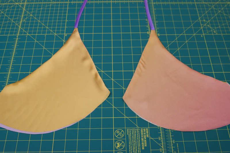 How To Flip Bra Cups Right Sides Out - Silk Charmeuse Print - Mood Fabrics - Alexandrite Sunset Silk Charmeuse Dress Free Sewing Pattern Tutorial - MDF529 - Mood Fabrics Sewciety Blog - Flip the bra cups right sides out.