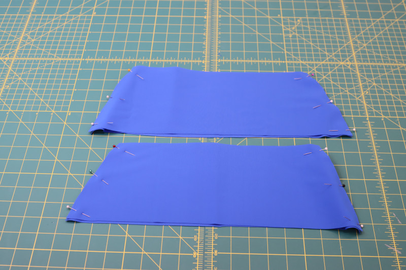 How To Pin Waistband Side Seams - Recycled Swimwear Tricot - Mood Fabrics - Azure Tankini Skirt Set Free Sewing Pattern Tutorial - MDF533 - Mood Fabrics Sewciety Blog - Pin the waistband side seams.