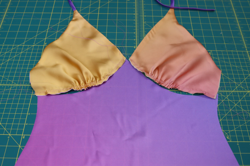 How To Gather Bra Cups - Silk Charmeuse Print - Mood Fabrics - Alexandrite Sunset Silk Charmeuse Dress Free Sewing Pattern Tutorial - MDF529 - Mood Fabrics Sewciety Blog - Gather the bra cups.