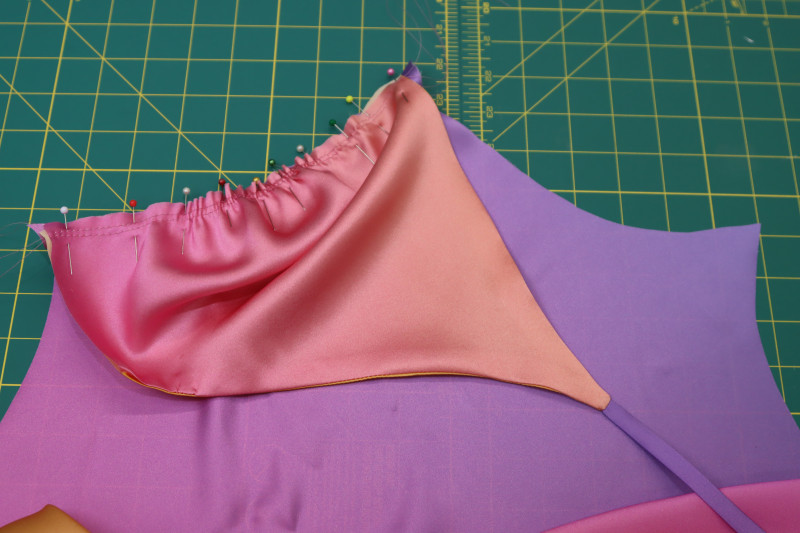 How To Pin Sew Right Bra Cup - Silk Charmeuse Print - Mood Fabrics - Alexandrite Sunset Silk Charmeuse Dress Free Sewing Pattern Tutorial - MDF529 - Mood Fabrics Sewciety Blog - Pin and sew the right bra cup.