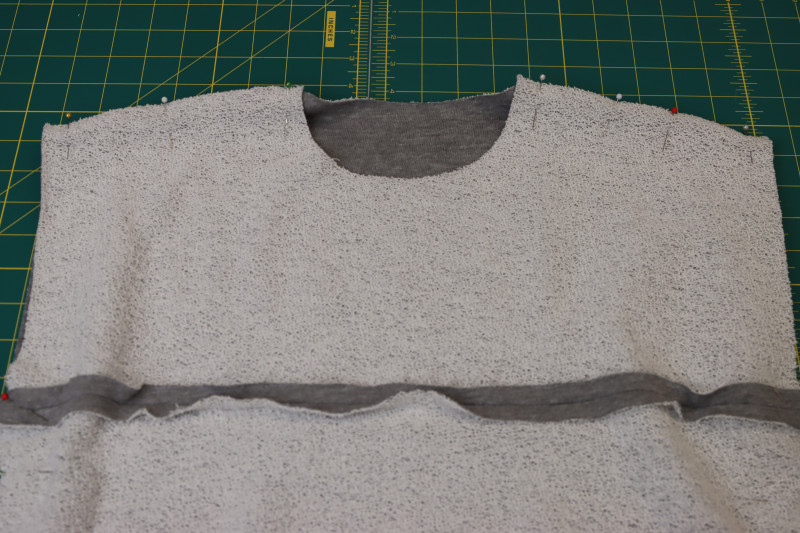 How To Pin Sew Shoulder Seams - Heather Gray French Terry - Mood Fabrics - Reef Sleeveless Cover Up Free Sewing Pattern Tutorial - MDF535 - Mood Fabrics Sewciety Blog - Pin and sew the shoulder seams.