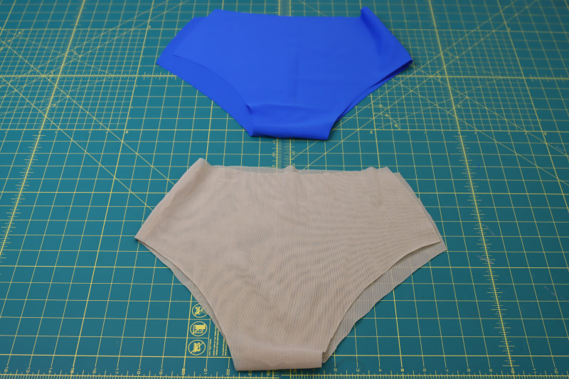 How To Sew Crotch Seams And Mirrored Side Seams On Main Fabric And Lining Bikini Bottoms - Nude Powernet Mesh - Mood Fabrics - Azure Tankini Skirt Set Free Sewing Pattern Tutorial - MDF533 - Mood Fabrics Sewciety Blog - Sew the crotch seams and mirrored side seams on the main fabric and lining bikini bottoms.