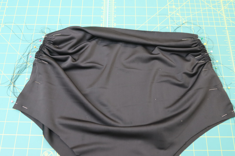 How To Gather Gathering Stitches - Gutermann Sew All Thread - Mood Fabrics - Antikythera One Shoulder Bikini Free Sewing Pattern Tutorial - MDF531 - Mood Fabrics Sewciety Blog - Gather the gathering stitches.