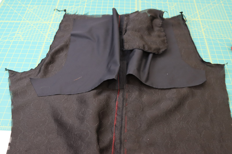 How To Sew Front Back Crotch Seams - Textured Burnout Brocade - Mood Fabrics - Matrix Shawl Collar Ensemble Free Sewing Pattern Tutorial - MDF543 - Mood Fabrics Sewciety Blog - Sew the front and back crotch seams.