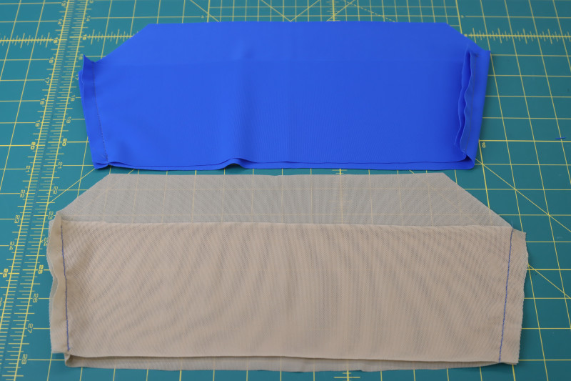 How To Sew Top Side Seams - Recycled Swimwear Tricot - Mood Fabrics - Azure Tankini Skirt Set Free Sewing Pattern Tutorial - MDF533 - Mood Fabrics Sewciety Blog - Sew the top side seams.