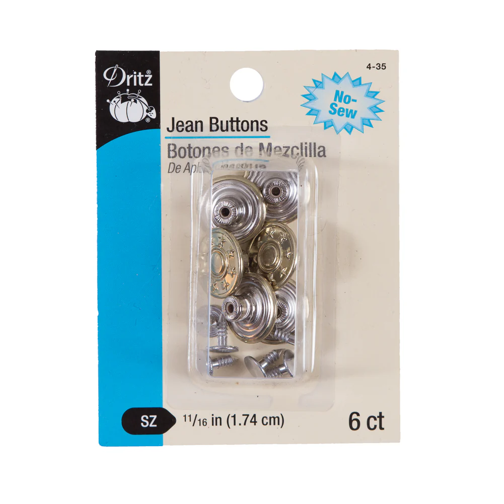 Dritz Gold Jean Buttons - 6 ct fabric perfect for Free Summer Vacation Capsule Wardrobe Sewing Projects such as the Dresden Shorts Sewing Pattern free PDF download from Mood Fabrics Sewciety Blog.