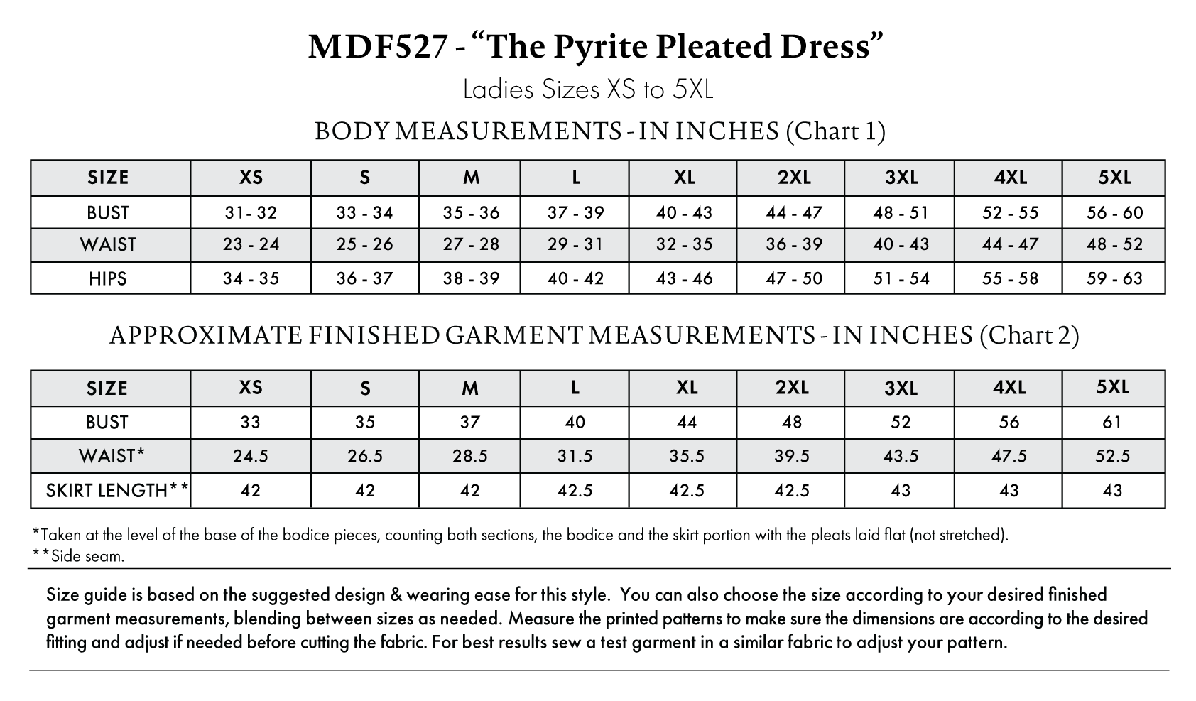 Pyrite Pleated Dress Free Sewing Pattern - Size Charts - Mood Fabrics Sewciety Blog - Free Sewing Pattern MDF527