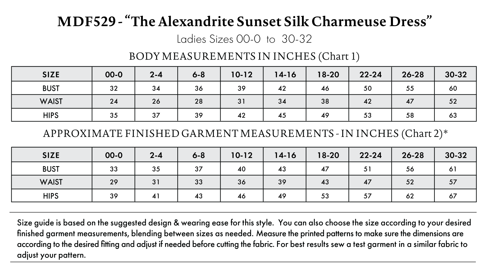Alexandrite Sunset Silk Charmeuse Dress Free Sewing Pattern - Size Charts - Mood Fabrics Sewciety Blog - Free Sewing Pattern MDF529
