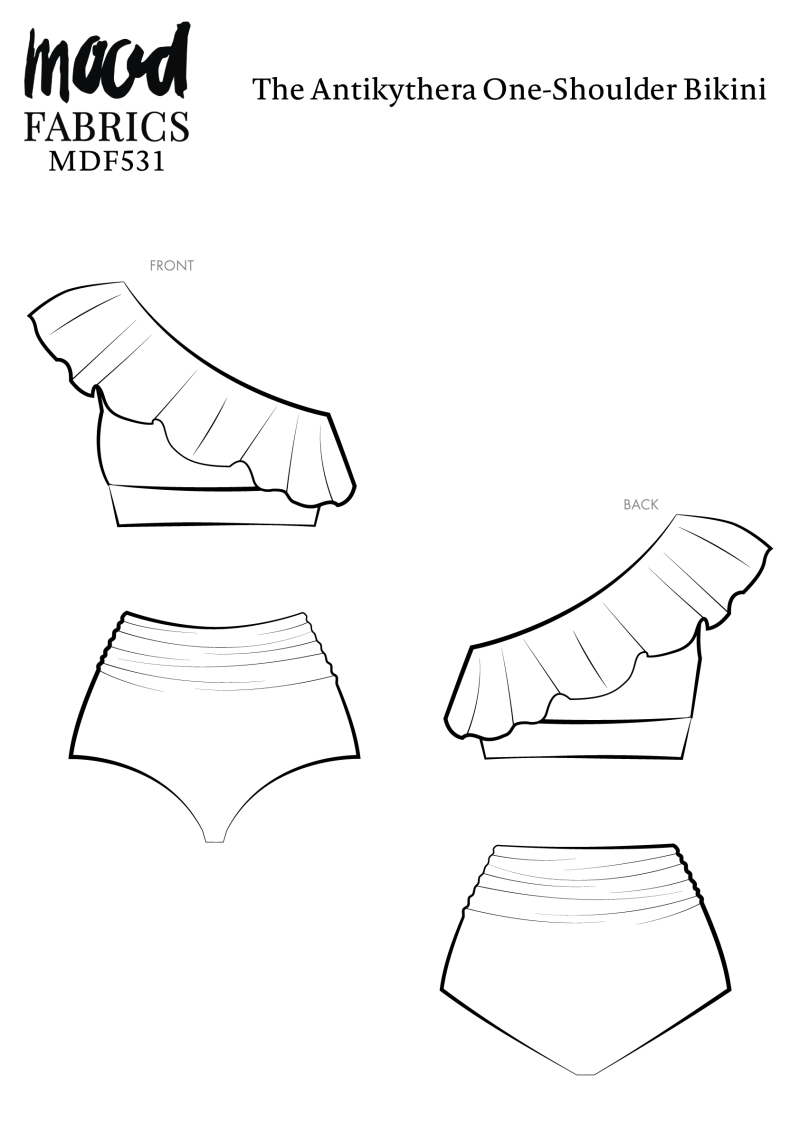 Antikythera One-Shoulder Bikini Free Sewing Pattern - Technical Drawings - Mood Fabrics Sewciety Blog - Free Sewing Pattern MDF531