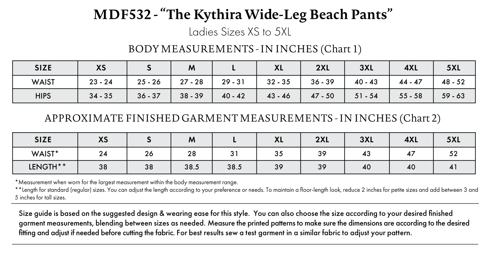 Kythira Wide-Leg Beach Pants Free Sewing Pattern - Size Charts - Mood Fabrics Sewciety Blog - Free Sewing Pattern MDF532
