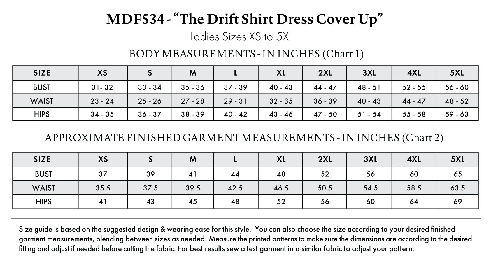 Drift Shirt Dress Cover Up Free Sewing Pattern - Size Charts - Mood Fabrics Sewciety Blog - Free Sewing Pattern MDF534