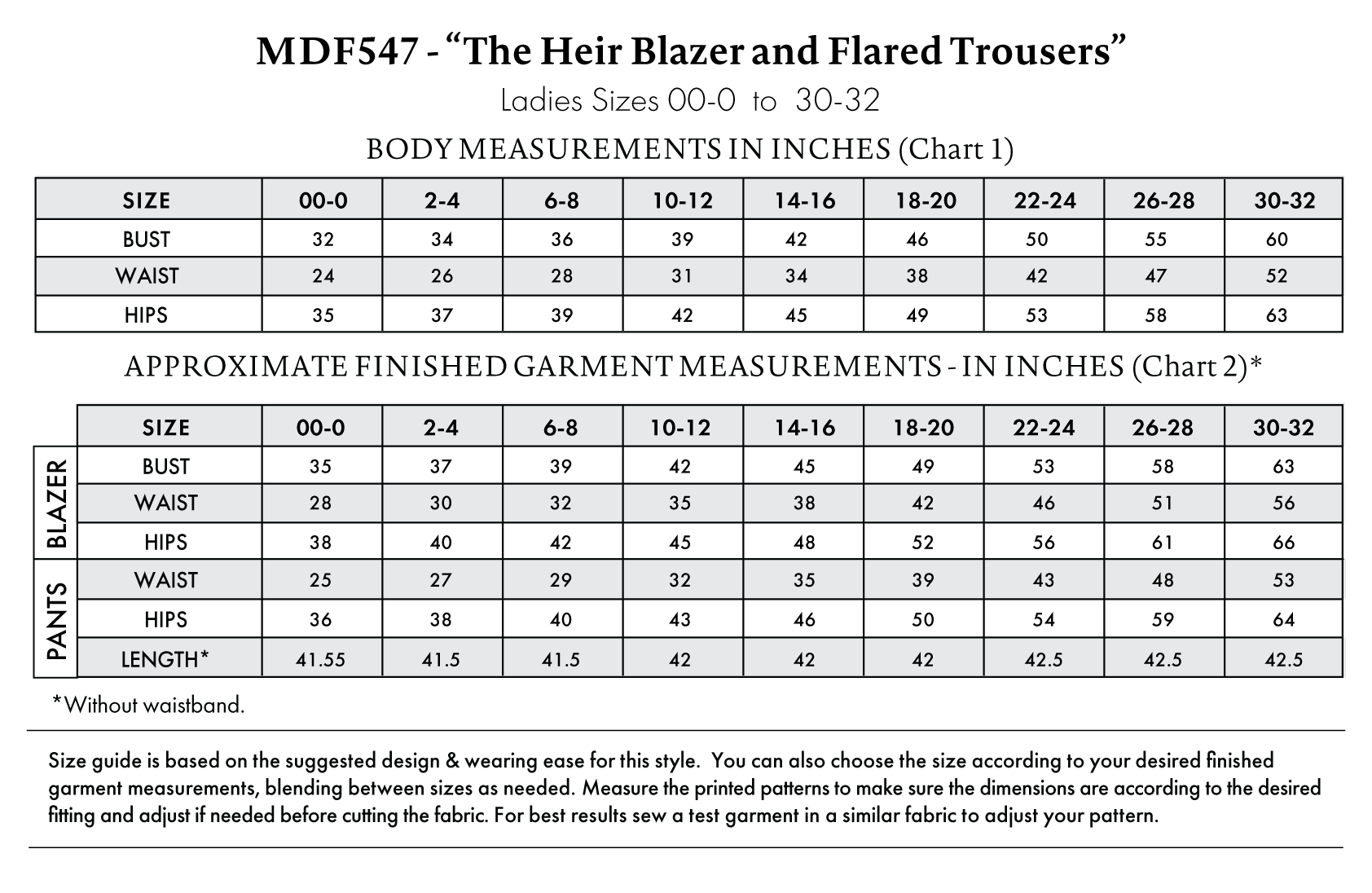 Heir Blazer and Flared Trousers Free Sewing Pattern - Size Charts - Mood Fabrics Sewciety Blog - Free Sewing Pattern MDF547