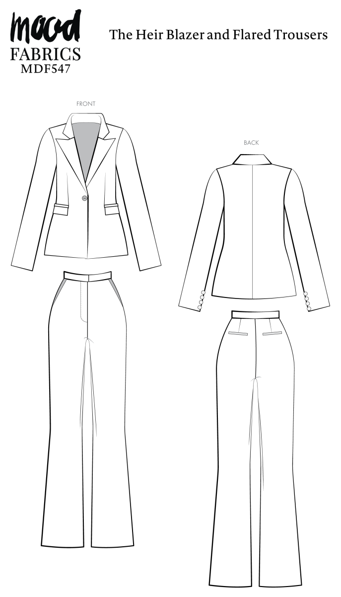 Heir Blazer and Flared Trousers Free Sewing Pattern - Technical Drawings - Mood Fabrics Sewciety Blog - Free Sewing Pattern MDF547