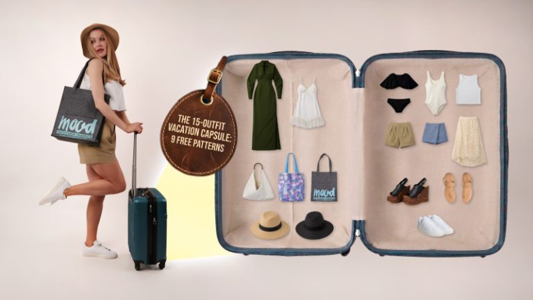 Model with a suitcase next to an open luggage display of the Vacation Capsule featuring 9 free sewing patterns and 15 different looks.