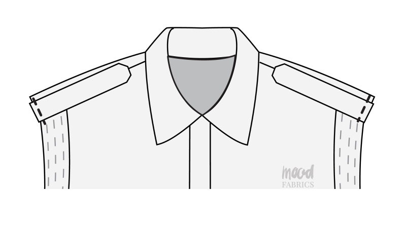 How To Pin Sew Shoulder Straps Armscyes - Organic Cotton Twill - Mood Fabrics - Kalla Ensemble Free Sewing Pattern Tutorial - MDF346 - Mood Fabrics Sewciety Blog - Pin and sew the raw edges of the shoulder straps to the insides of the armscyes.
