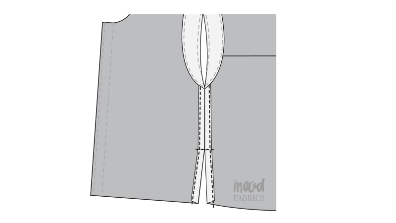 How To Topstitch Side Seam Slit - Gutermann Sew All Thread - Mood Fabrics - Kalla Ensemble Free Sewing Pattern Tutorial - MDF346 - Mood Fabrics Sewciety Blog - Topstitch over the seam allowance to secure the side seam slit.