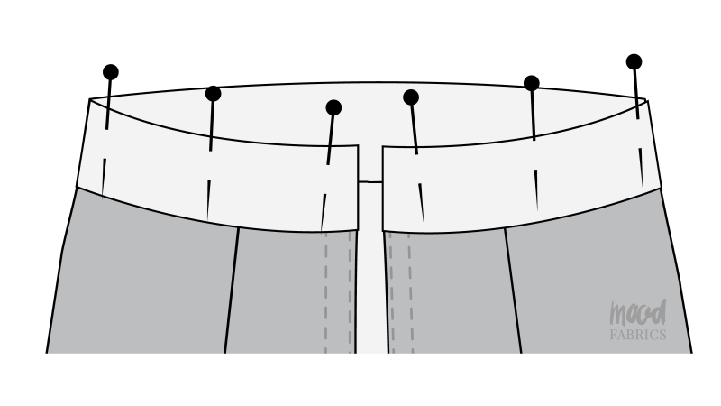 How To Fold Inner Waistband - Organic Cotton Twill - Mood Fabrics - Kalla Ensemble Free Sewing Pattern Tutorial - MDF346 - Mood Fabrics Sewciety Blog - Fold and pin the inner layer of the waistband.