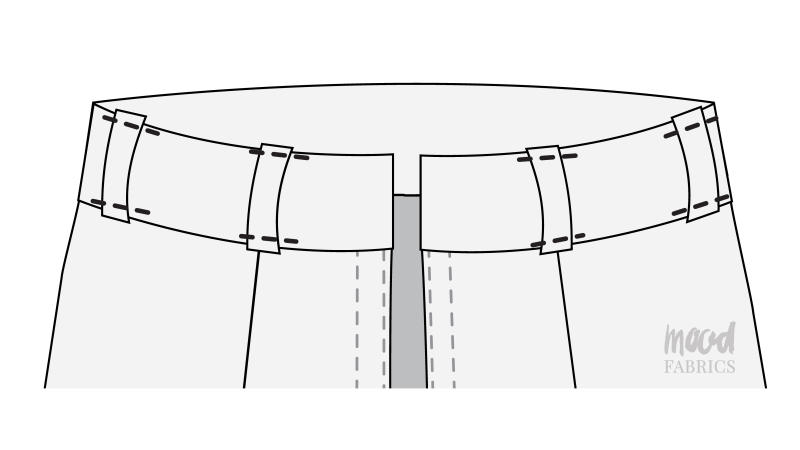 How To Pin Sew Belt Loops Waistband - Organic Cotton Twill - Mood Fabrics - Kalla Ensemble Free Sewing Pattern Tutorial - MDF346 - Mood Fabrics Sewciety Blog - Pin and sew the belt loops to the waistband if you’re making the skirt.