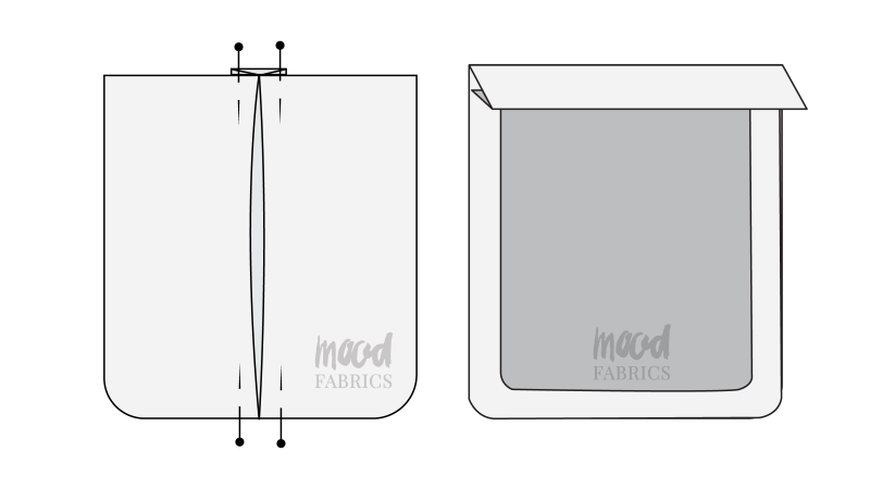 How To Pin Pocket Pleat Raw Edges - Organic Cotton Twill - Mood Fabrics - Kalla Ensemble Free Sewing Pattern Tutorial - MDF346 - Mood Fabrics Sewciety Blog - Pin and baste the pocket pleat, then fold the raw edges of the pocket toward the wrong side of the fabric.