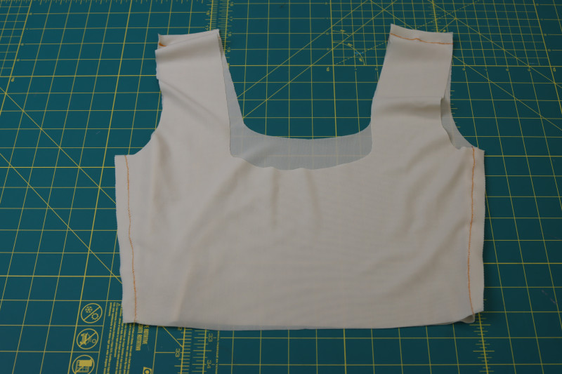 How To Sew Top Lining Side Shoulders - Nude Powernet Mesh - Mood Fabrics - Amber Two Piece Cheeky Swimsuit Free Sewing Pattern Tutorial - MDF540 - Mood Fabrics Sewciety Blog - Sew the top lining pieces together at the sides and shoulders.