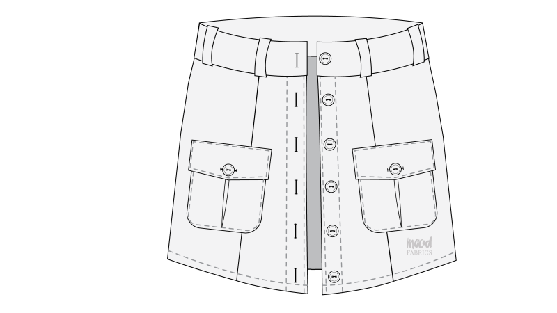 How To Sew Skirt Button Placket - Organic Cotton Twill - Mood Fabrics - Kalla Ensemble Free Sewing Pattern Tutorial - MDF346 - Mood Fabrics Sewciety Blog - Sew buttons and button holes on the skirt placket.