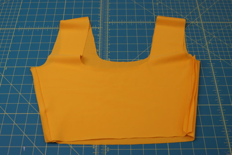 How To Sew Main Fabric Top Side Shoulders - UV Protective Swimwear Tricot - Mood Fabrics - Amber Two Piece Cheeky Swimsuit Free Sewing Pattern Tutorial - MDF540 - Mood Fabrics Sewciety Blog - Sew the main fabric top pieces together at the sides and shoulders.