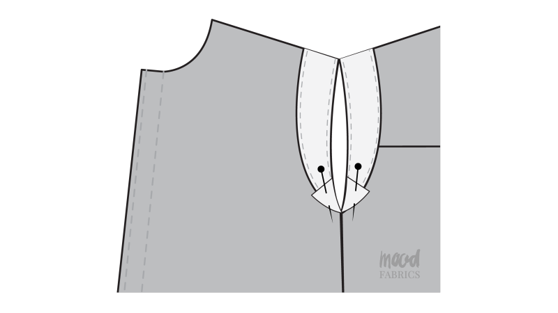 How To Fold Armscye Facing Raw Edges - Organic Cotton Twill - Mood Fabrics - Kalla Ensemble Free Sewing Pattern Tutorial - MDF346 - Mood Fabrics Sewciety Blog - Fold the raw edges of the armscye facings into the inside of the top and sew.