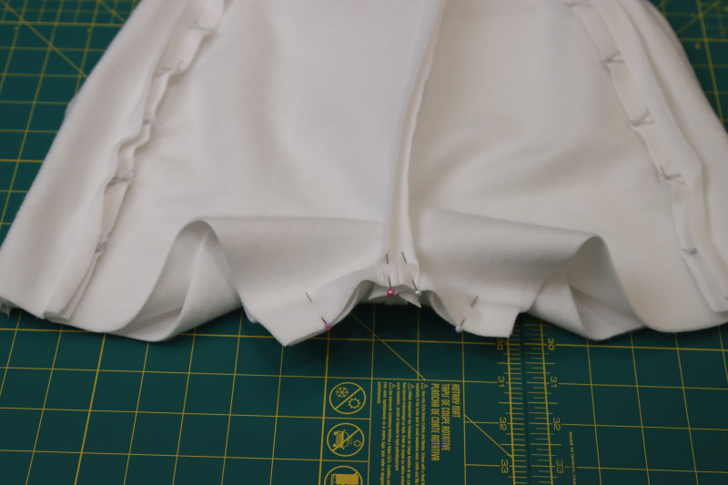 How To Pin Sew Shorts Inseam - Fleece Backed Stretch Cotton Knit - Mood Fabrics - Fiona Athletic Set Free Sewing Pattern Tutorial - MDF537 - Mood Fabrics Sewciety Blog - Pin and sew the shorts inseam.