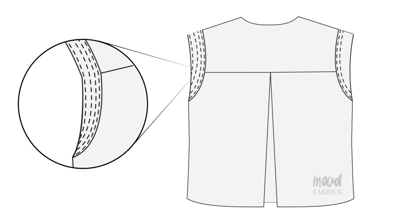 How To Topstitch Armscye Facings - Gutermann Sew All Thread - Mood Fabrics - Kalla Ensemble Free Sewing Pattern Tutorial - MDF346 - Mood Fabrics Sewciety Blog - Topstitch over the armscye facings.