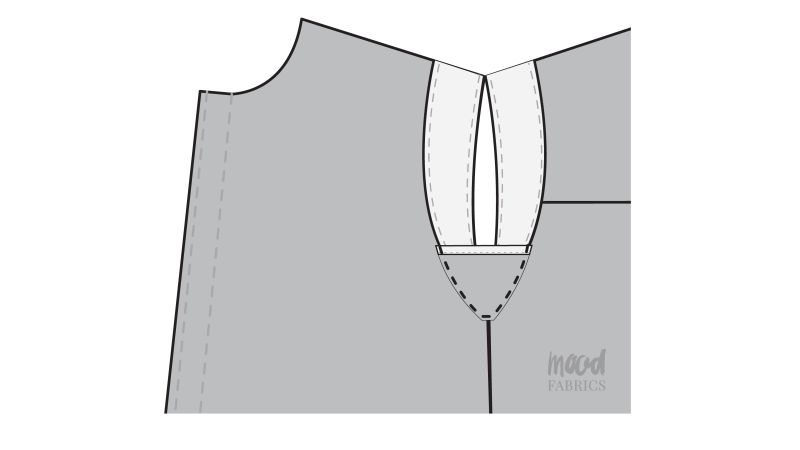 How To Pin Sew Modesty Panel Armscye - Organic Cotton Twill - Mood Fabrics - Kalla Ensemble Free Sewing Pattern Tutorial - MDF346 - Mood Fabrics Sewciety Blog - Pin and sew the modesty panel to the bottom corner of the armscye at the side seam.
