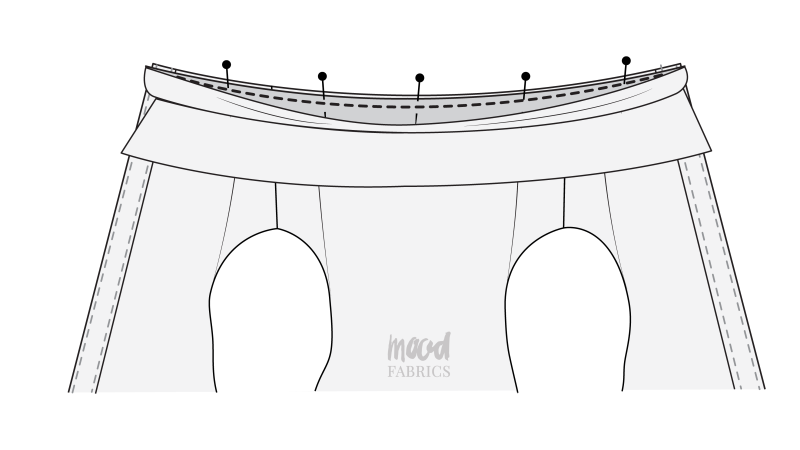 How To Pin Collar Stand Neckline - Organic Cotton Twill - Mood Fabrics - Kalla Ensemble Free Sewing Pattern Tutorial - MDF346 - Mood Fabrics Sewciety Blog - Pin one of the raw edges of the collar stand to the raw edge of the neckline.