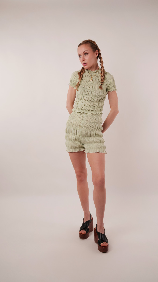 Jade Shirred Shorts Set Free Sewing Pattern - Model Photos - Mood Fabrics Sewciety Blog - Free Sewing Pattern MDF538