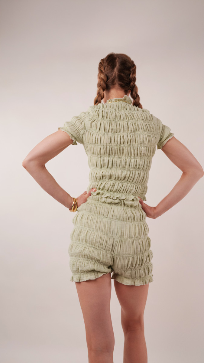 Jade Shirred Shorts Set Free Sewing Pattern - Model Photos - Mood Fabrics Sewciety Blog - Free Sewing Pattern MDF538