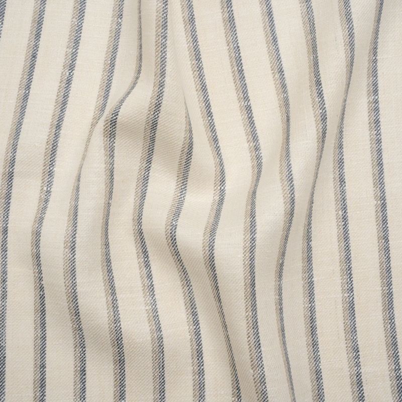 Heavy Linen Twill - Cream, Beige and Steel Blue Shadow Stripes fabric perfect for Free Swimsuit Sewing Projects such as the Sarasota Set Sewing Pattern free PDF download from Mood Fabrics Sewciety Blog.