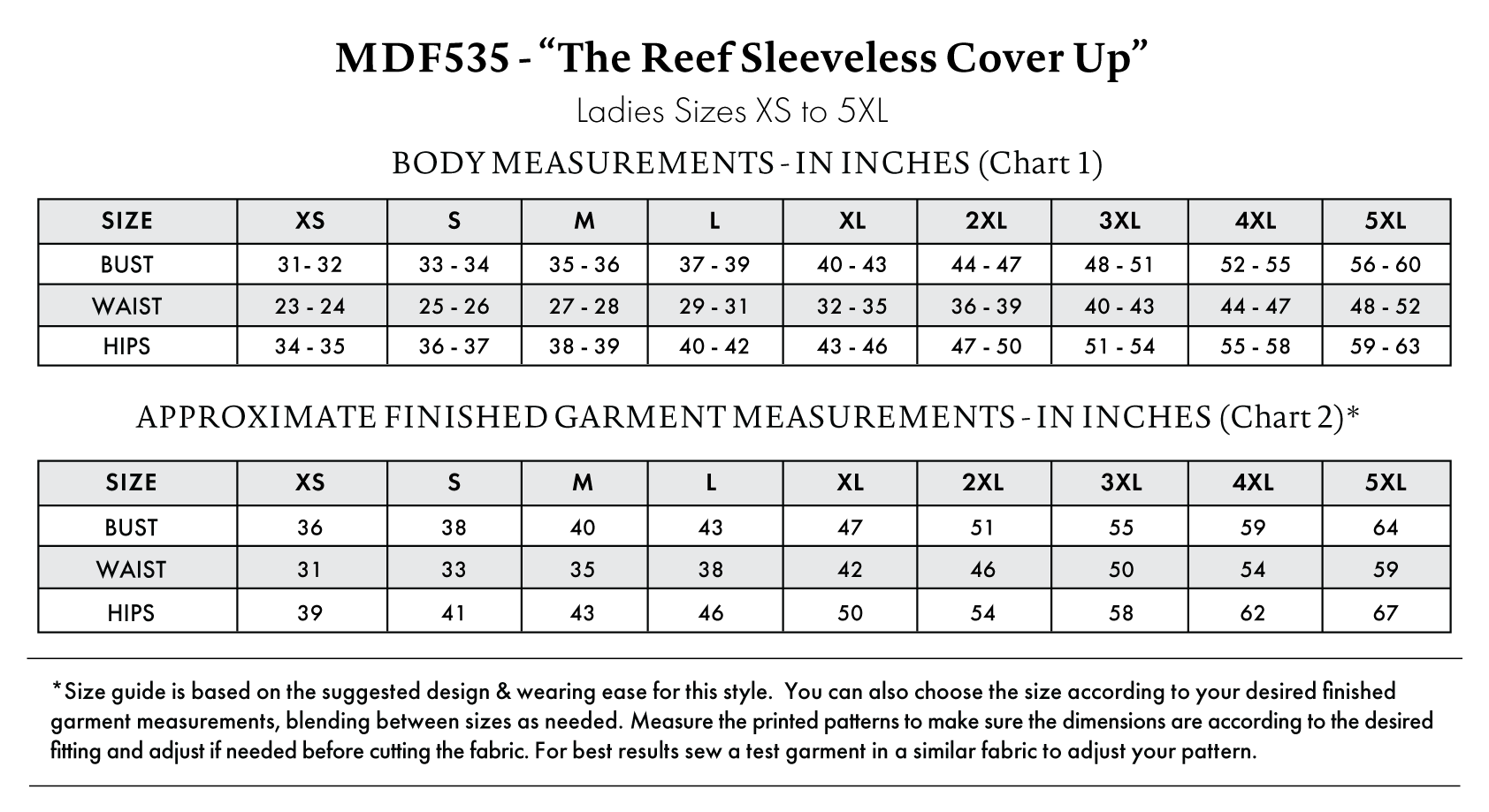 Reef Sleeveless Cover Up Free Sewing Pattern - Size Charts - Mood Fabrics Sewciety Blog - Free Sewing Pattern MDF535